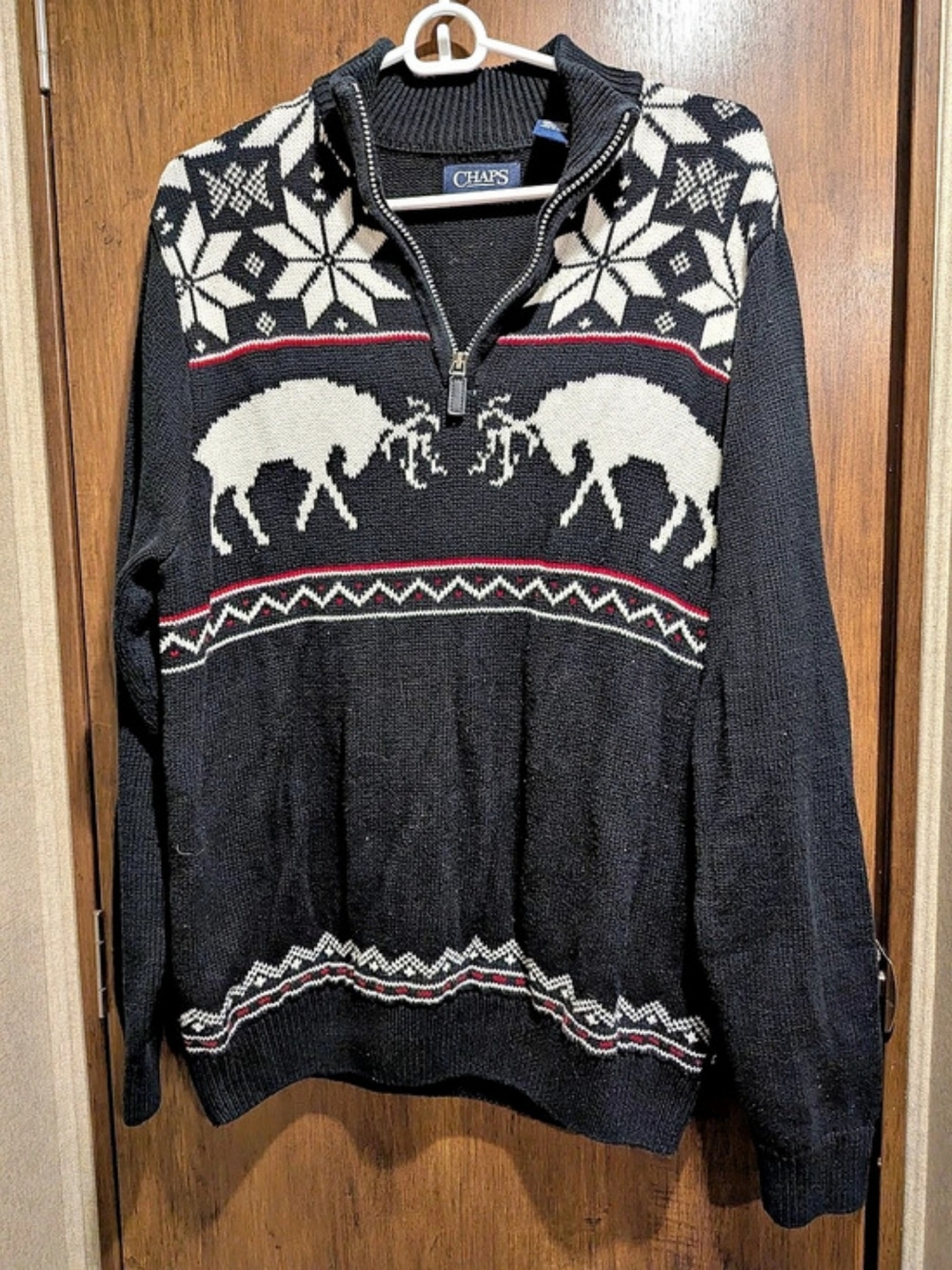 Chaps Ralph Lauren Fair Isle Reindeer 1/4 Zip Sweater Black & White Sz M